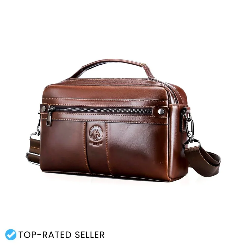 Vintage Leather Crossbody Bag for Men Multi-Pocket Messenger Work Travel